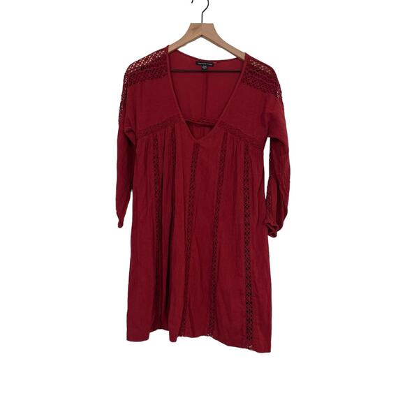 American Eagle Womens Deep V Boho Mini Dress Size XS Red Maroon Lace Detail - Picture 1 of 5